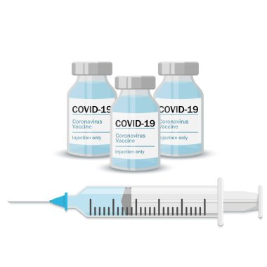 Şırınga ile enjeksiyon için tıbbi şişeler. Covid-19 Coronavirus konsepti. Aşı şişesi ve şırınga. Salgın covid-19 salgını. izole edilmiş simge. düz vektör illüstrasyonu