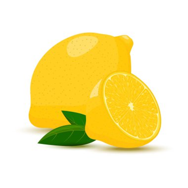 Lemon isolated on white background. Lemon fruits whole and half with leaves. Cartoon style, flat design.