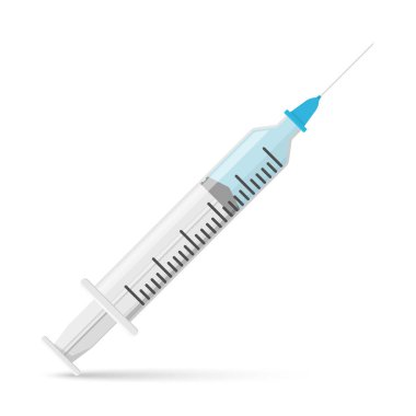 Medical syringe with liquid and droplet on a white background. Syringe parts: needle, syringe dosage scale. Flat style