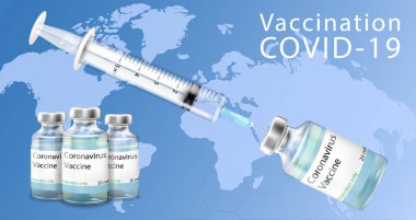 Coronavirus vaccination banner with covid-19 vaccine bottle, syringe on the background of the map . 3d vector realistic.Vector concept of immunization, treatment, medical research.