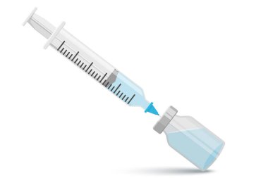 Medical syringe with a needle in a vial with a vaccine for hypodermic injection, with anti-Covid-19 serum. Injections, vaccine and disposable syringe. Sterile ampoule vials with aluminum cap.