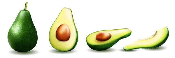 Realistic Green Avocado Healthy Eating Rendering Whole Slice Halved Avocado — Stok Vektör