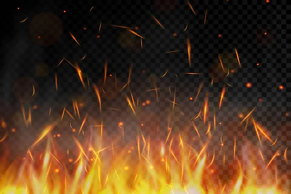 Огонь Прозрачном Фоне Вспыхивают Искры Огня Дым Пылающие Частицы Черном — стоковый вектор