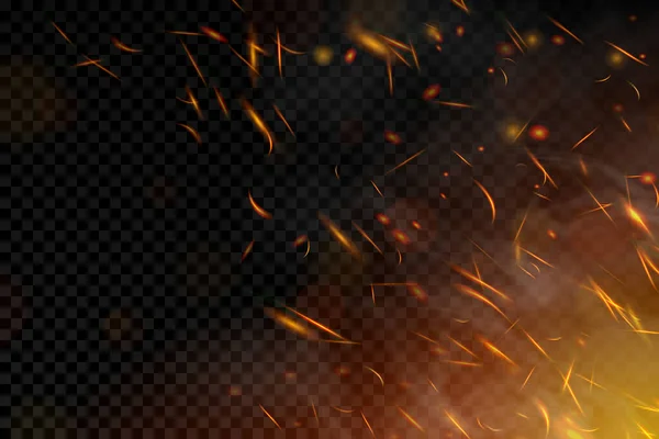 Fire. Fire sparks flying up on transparent background. Smoke and glowing particles on black. Realistic lighting sparks with bokeh effect for design. Vector illustration.
