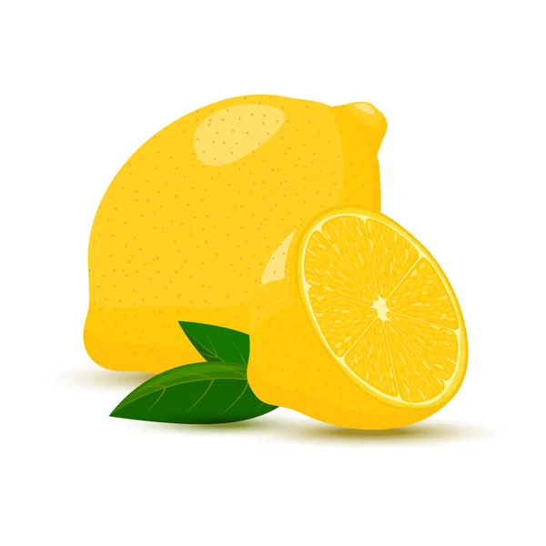 Лимон Изолирован Белом Фоне Лимонные Фрукты Цельные Половина Листьями Мультфильм — стоковый вектор