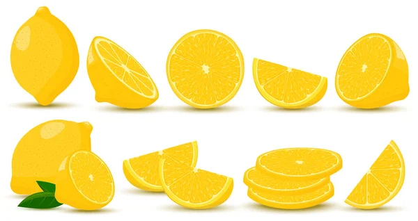 Set Lemons Whole Lemon Half Piece Slice Lemon Fruit Isolated —  Vetores de Stock