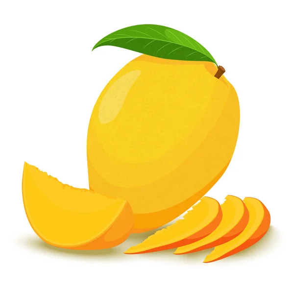 Mango Vector Illustration Ripe Fresh Yellow Mango Slices Leaves Flat — Wektor stockowy