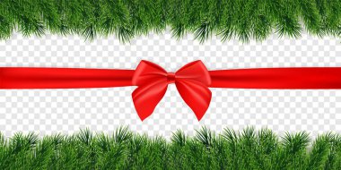 Noel arka plan kırmızı yay ve köknar twigs garland ile. Vektör çizim.