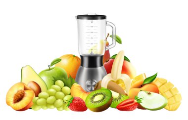 Realistic Juicer blender. Kitchen blender with set of fruits, bananas, oranges, kiwi, peach, grapes, strawberry, apple, mango, pear, avocado, isolated vector illustration