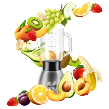 Realistic Juicer blender. Kitchen blender with set of fruits, bananas, oranges, kiwi, plum, peach, grapes, strawberry, apple, mango, pear, avocado, isolated vector illustration