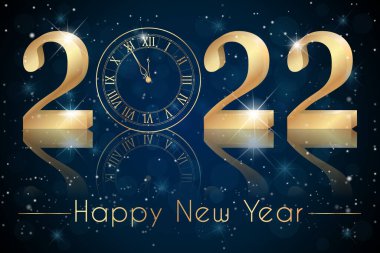 Happy New Year 2022 - New Year, shining background with gold watches and glitter.Creative. Black background. Smartphone laptop, stars. Futuristic snowflakes design. Banner, poster, numbers, cover.