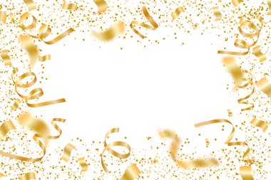 Golden confetti and pieces of serpentine isolated on black transparent background. Bright festive overlay effect with gold tinsels. Vector illustration.