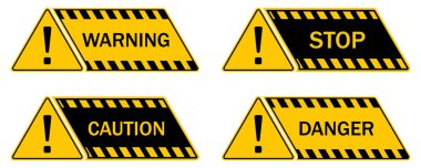 Black and Yellow Danger Warning Sign. Caution icon. Hazard stikcers with exclamation mark, attention icons, vector