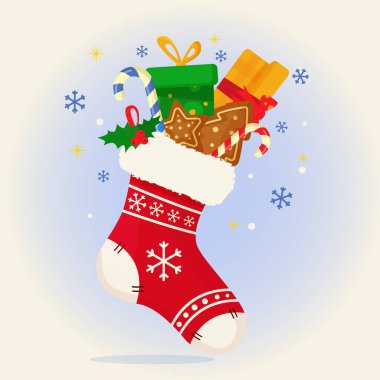Düz stil hediyelerle dolu bir Noel tebrik kartı. Vektör illüstrasyonu