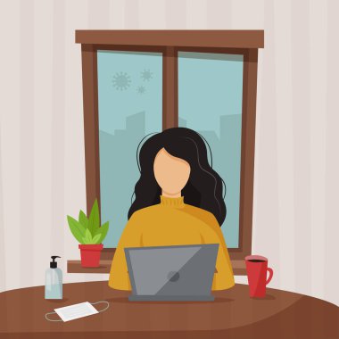 girl with laptop sitting on the chair. work from home illustration concept. Illustrations concept coronavirus COVID-19. The company allows employees to work from home to avoid viruses.