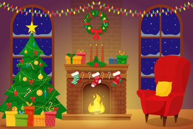 Bir Noel ağacı, hediyeler ve bir şömine ile oturma odası Noel iç. Düz bir stil vektör çizim