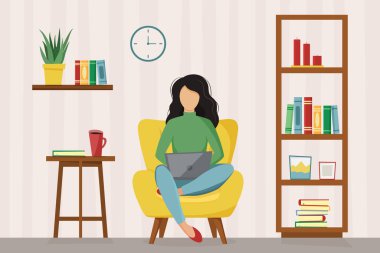 girl with laptop sitting on the chair. Freelance or studying concept. Cute illustration in flat design