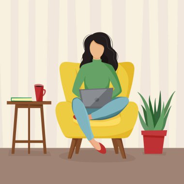 girl with laptop sitting on the chair. Freelance or studying concept. Cute illustration in flat design