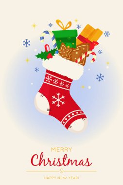 Düz stil hediyelerle dolu bir Noel tebrik kartı. Vektör illüstrasyonu.