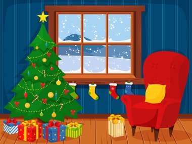 Christmas interior of the living room with a Christmas tree, gifts and a fireplace and single soft armchair with pillow. Vector illustration in a flat style