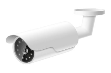 Security camera. White CCTV surveillance system. Monitoring, guard equipment, burglary or robbery prevention. Vector 3d realistic illustration isolated on white background