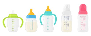 Baby milk bottle set, isolated on white background. Colorful bottles for feeding a newborn baby differents shape with pacifier nipples, color plastic handles and measurement scale volume.
