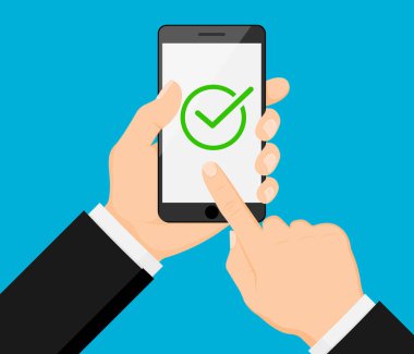 Hand holding smart phone. Check mark on smartphone screen.Approve, Done or Success icon. Finger on mobile device screen. Creative modern flat design.