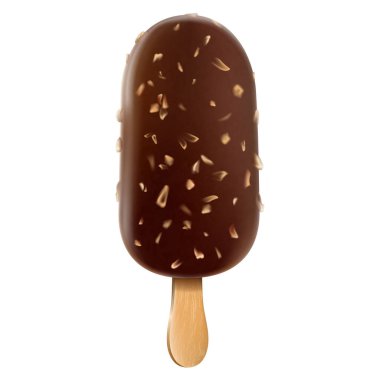 Realistic ice cream popsicle, covered chocolate coating with nuts on stick, isolated on white background. 3D vector illustration, clipping path