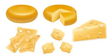 Set of cheese wheels and slices isolated on white background. Food object, realistic 3D vector. Cheese head, cubes and pieces of hard cheese isolated on white background.