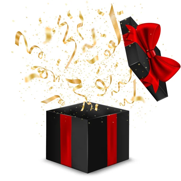 Opened Black Gift Box Red Ribbon Bow Serpentine Dark Background — Archivo Imágenes Vectoriales