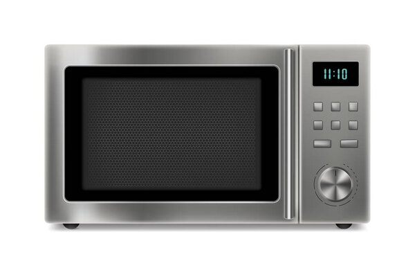 Realistic Micmicrowave Isolated on White Background. Front View of Stainless Steel Over the Range Micmicrowave Oven. Бытовая кухня и бытовая техника. Домашний арест. Векторное 3D