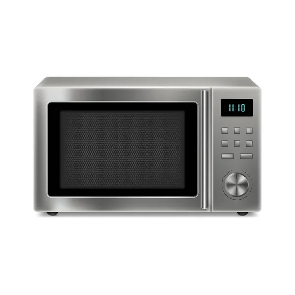 Realistic Microwave Isolated White Background Open Closed Stainless Steel Microwave — Vector de stoc