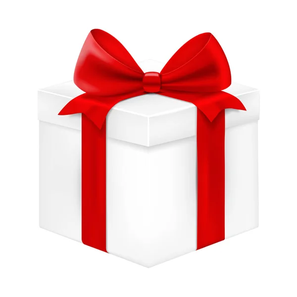 White Gift Box Red Ribbon Bow Present Isolated White Background — Stockový vektor