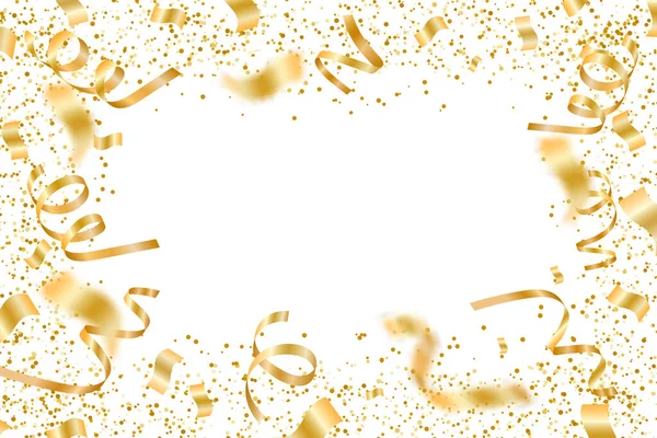 Golden confetti and pieces of serpentine isolated on black transparent background. Bright festive overlay effect with gold tinsels. Vector illustration.