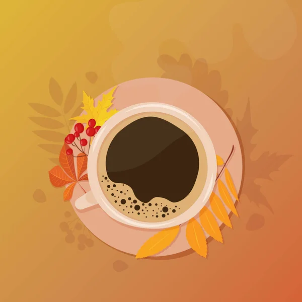 Cup Hot Coffee Background Autumn Leaves Mug Autumn Leaves First — Stockvector