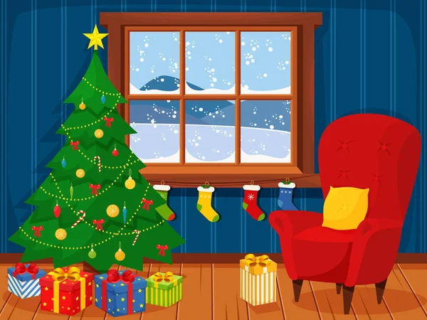 Christmas Interior Living Room Christmas Tree Gifts Fireplace Single Soft — Stock vektor