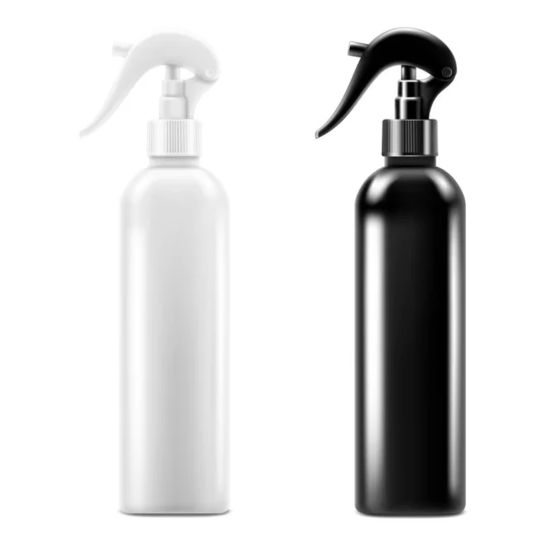 Bottles with atomizer. Mock up bottles cosmetic or medical vial, flask, falcon. Plastic spray bottles, black and white colour, realistic 3d vector illustration, Isolated On White Background.