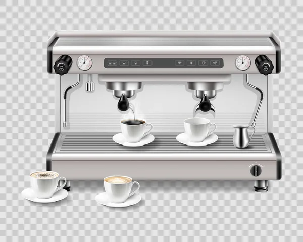Modern Metal Professional Coffee Machine White Porcelain Cups Front View — Vetor de Stock