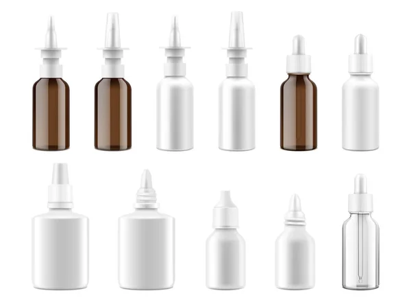 Dropper Spray Bottles Mockup Set Realistic Medical Containers Nasal Eye — Image vectorielle