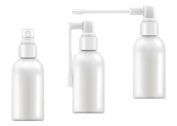 Матовый пластиковый флакон с длинным и коротким распылителем сопла для орального распыления. 60 мл. Реалистичная трехмерная векторная иллюстрация, шаблон упаковки, изолированный на белом фоне