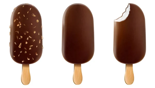 Ice Cream Chocolate Glaze Nuts Stick Brown Whole Bitten Chocolate —  Vetores de Stock