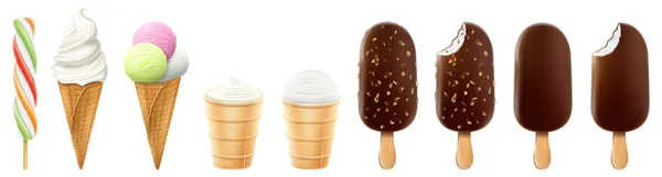 Set Ice Cream Waffle Cone Popsicle Isolated White Background Realistic — Stock vektor