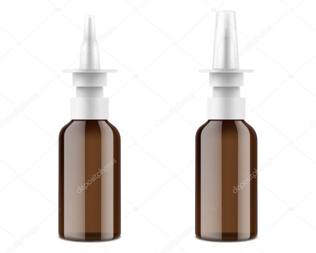 Amber Glass Nasal Spray Bottle. Realistic medical containers, packaging mockup template. 3d vector illustration