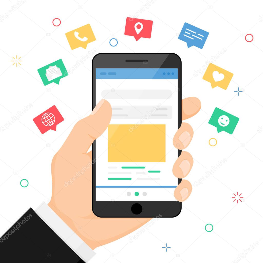 Hand holds smartphone. Icons, emoji, text messages, notifications fly out of the screen. Communication and Social networking concept, on white background. Vector flat cartoon illustration