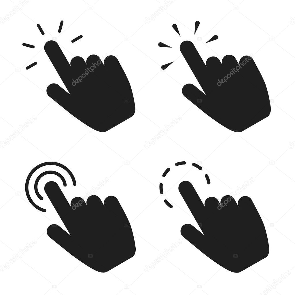 Click finger icon set. Hand touching of cursor. Choose pointer symbol for website, app. Black mouse pointer for technology interface. Tap sign. Touch gesture icon on isolated background. vector