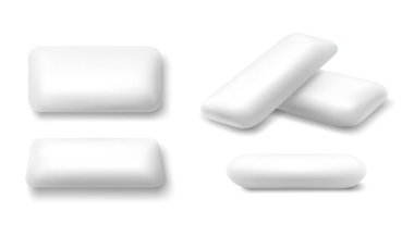 Reklamlar ve paket ögesi için beyaz nane sakızı seti, sakız modelleri, beyaz arkaplanda izole edilmiş çiğneme pedleri, 3d vektör gerçekçi illüstrasyon