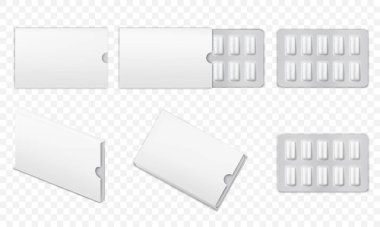 Gerçekçi sakız. Boş kabarcıklı beyaz üç boyutlu sakız modeli. Çiğneme hapları ve diş beyazlatma tabakları. Sakız maketleri, çizgiler, su toplayan tabletler. İzole vektör illüstrasyonu