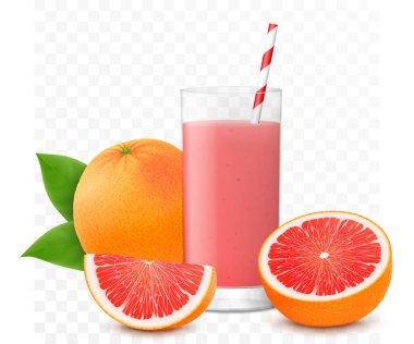 Grapefruit juice or smoothie in glass with straw. Whole, half and piece of red grapefruit with leaf, isolated on transparent background. Realistic 3d vector illustration