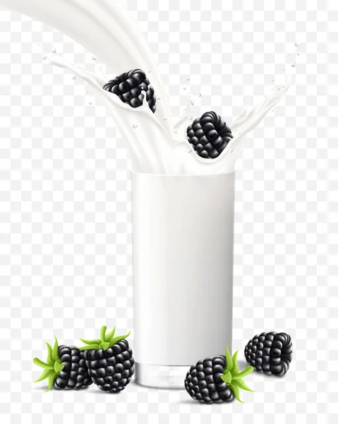 Ежевика Падает Стакан Молока Йогурта Фруктовый Молочный Коктейль Рекламный Баннер — стоковый вектор
