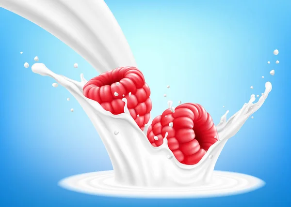 Fresh Raspberry Splash Milk Yogurt Fresh Berry Falls Milk Realistic — Archivo Imágenes Vectoriales